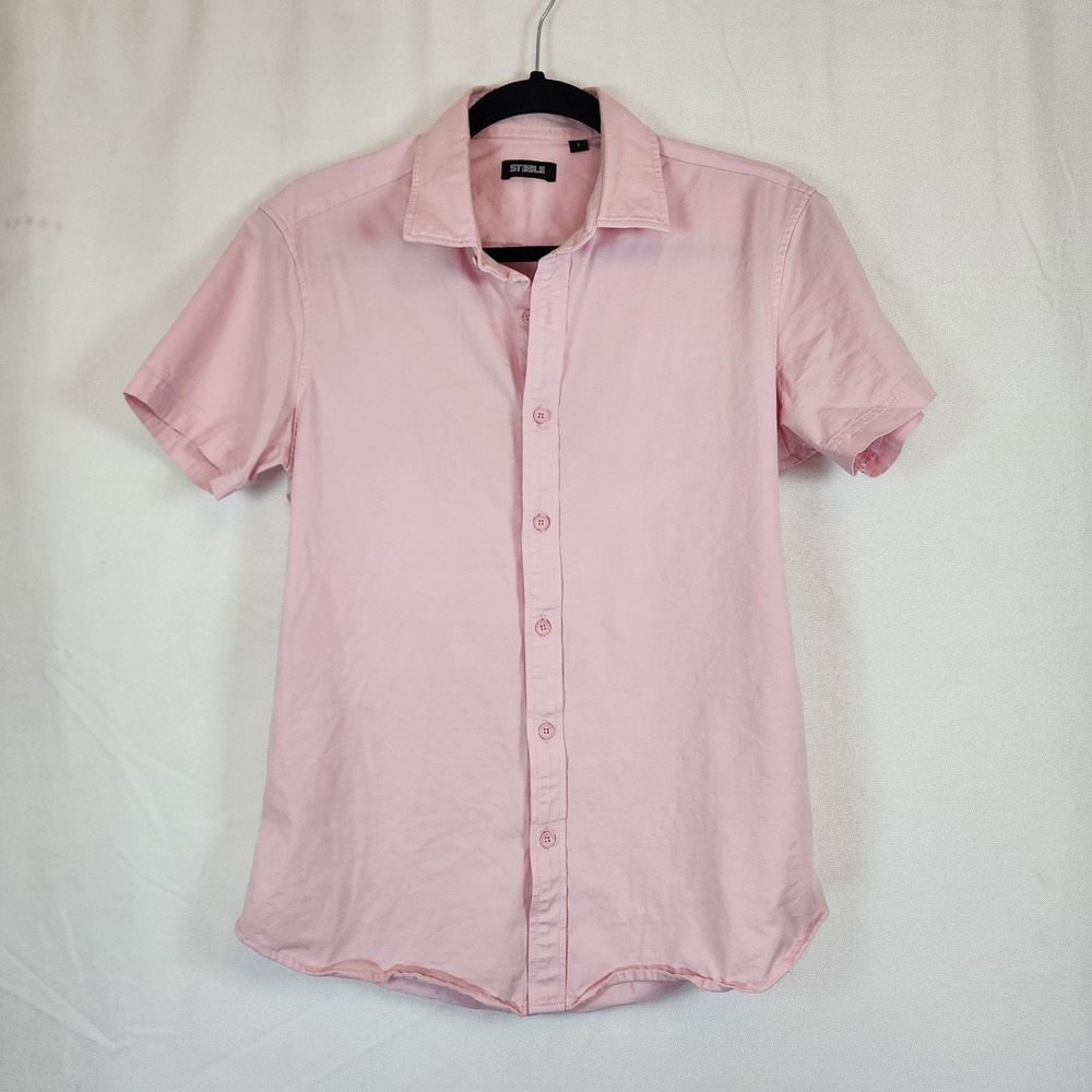 Steele Stretch Short Sleeve Button Up Slim Fit Shirt Pink Cotton Mens S